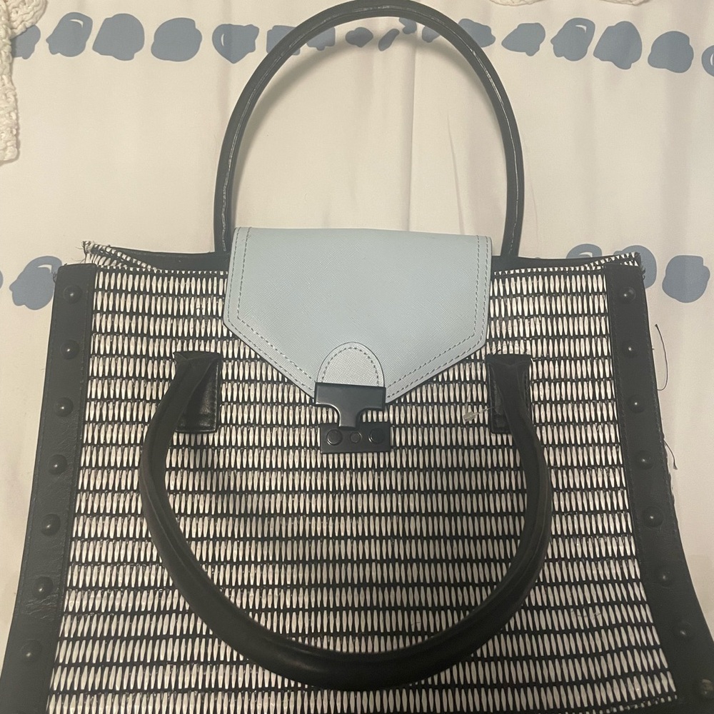 👜 Loeffler Randall Woven Tote – Black/White/Blue – Genuine Leather Trim